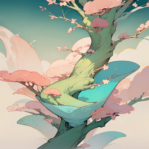 ( Chinese landscape),abstract paintings,(Zen Buddhism,Amy Sol style ), (springtime,green trees,peach blossom,rivulets,China Dynasty Chinese art,Gradient of color,Pastel color palette,Hierarchical form, Whimsical animation,The style is ethereal and abstract...