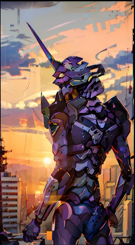 EVA01,stand up，Looking at Viewert，Sunset background，city backdrop，Depth of field，8K，beste-Qualit，