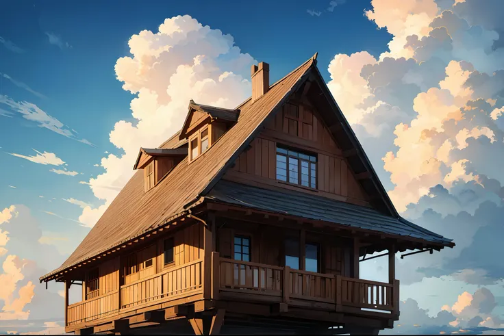 House floating in the sky, wooden house, clouds, sun, two floors