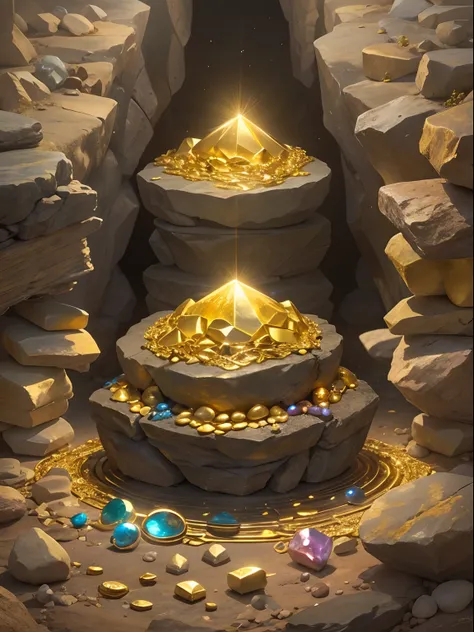 (piles of gold and precious stones in the center), lying on the stone floor in the cave, the light is on the top right