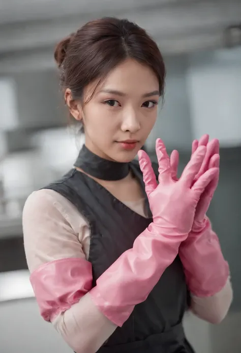 Meilin from Advanced Metal Gear Research Institute. Highly realistic. rubber glove、Pink rubber gloves、Pink cooking gloves、Long gloves、Glossy gloves、Glossy apron、Gripping the,Wearing a helmet,Beautie