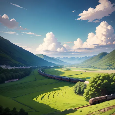 there is a train that is going down the tracks in the field, anime countryside landscape, made of tree and fantasy valley, scenery art detailed, beautifull puffy clouds. anime, detailed scenery —width 672, anime landscape wallpaper, anime landscape, studio...