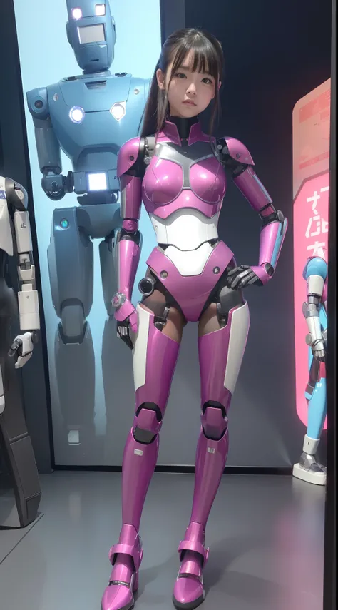 (Photorealsitic:1.4)、One girl、(top-quality)、(hyperdetailed face)、(Super well-formed face)、((Robot Parts))、(Robot Girl)、(Blue)、(pink there)、(Burgundy)、(metallic)、(full body)、(sexy  pose)、(Slender body)、(Model body type)、(full body mech)、(Akihabara)、(is look...