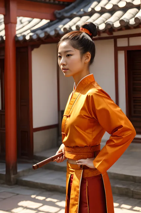 a human female character, chinese type,hairbun,ancient hairsticks on her head, age around 20, small breasted, in a traditional o...