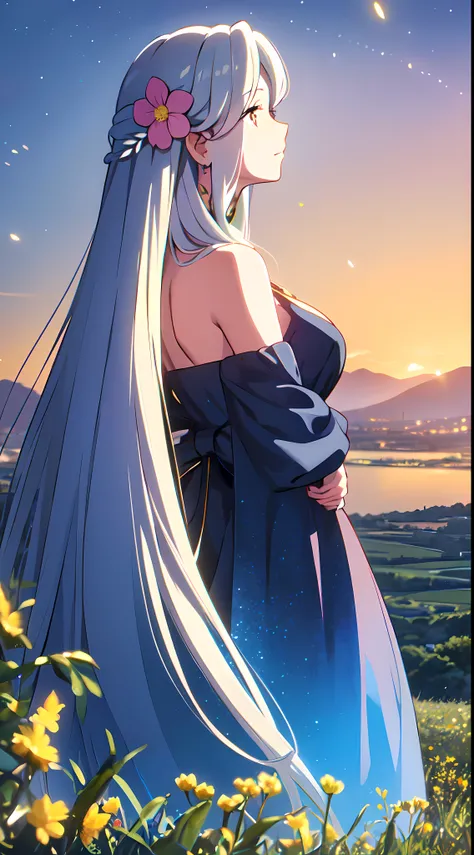 masterpiece, best quality, 1lady, solo, (really long hair), white hair, (flowers hair ornament), (looking up at the sky), necklace, earrings, night, Vast sky, beautiful skyline, fireflies, fantasy, off shoulder blue dress, medium bust, night scenery, (behi...