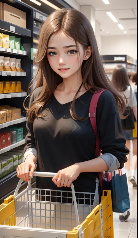 shopping, 20 years old, Realistic,everyday clothes, Expressions of satisfaction and relief, Brown hair,An ultra-high picture quality,high-detail,