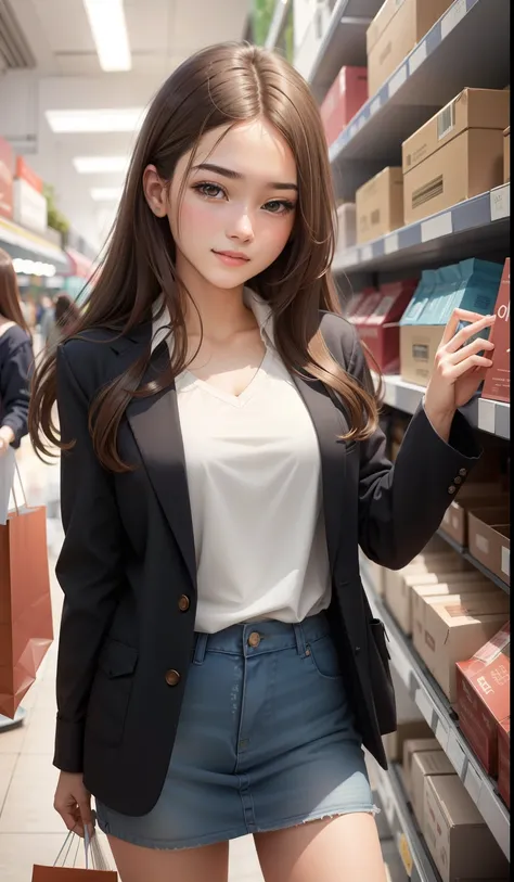 shopping, 20 years old, Realistic,everyday clothes, Expressions of satisfaction and relief, Brown hair,An ultra-high picture quality,high-detail,