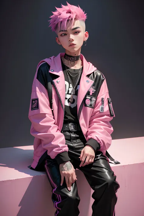 Kpop teen age boy with fade cut pink hair, cute face, irresistible,sit pose, poser, serious face, full half body show, tattoos, wears cool black mixed pink open jacket with long big sized shirt, long black pants with belt, paint background