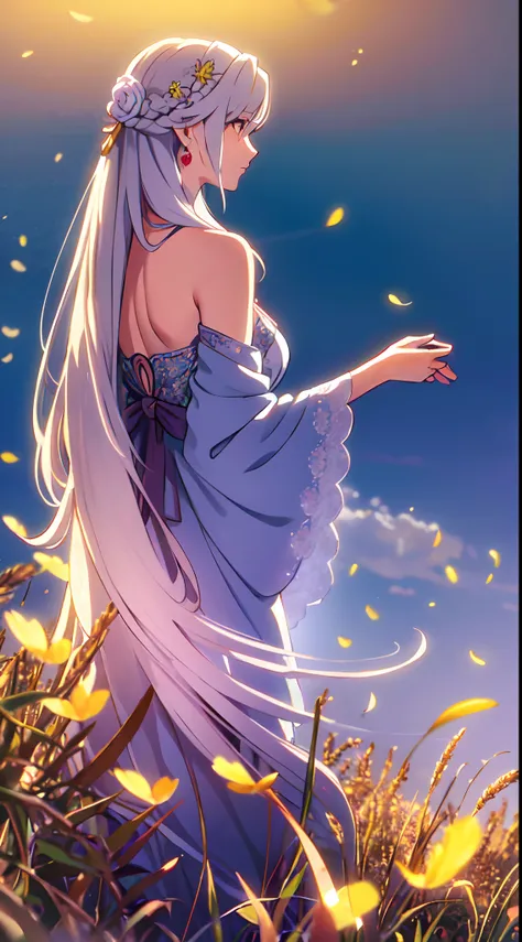 masterpiece, best quality, 1lady, solo, (really long hair), white hair, (flowers hair ornament), (looking up at the sky), necklace, earrings, night, Vast sky, beautiful skyline, fireflies, fantasy, off shoulder blue dress, medium bust, night scenery, (behi...