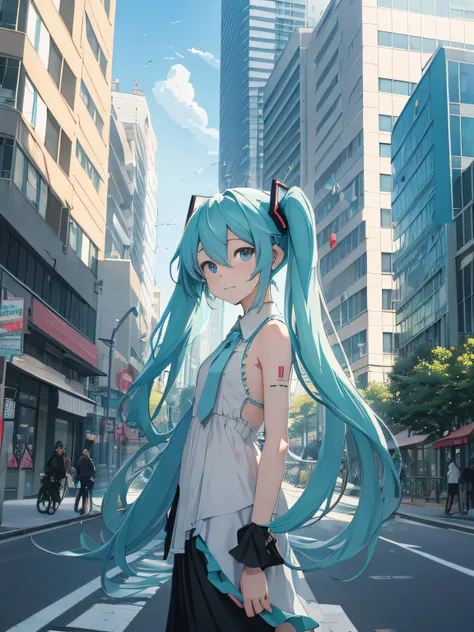 On the street stands the masterpiece Hatsune Miku。
break
Waiting for a lover with a happy look
break
Behind her was the blue sky.、Buildings and condominiums are built
break
The most suitable effect for this scene is、It is a watercolor technique to capture ...