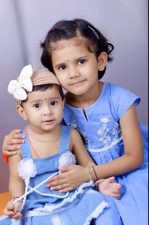 there are two little girls sitting on a table together, photo taken with nikon d 7 5 0, photo taken with nikon d750, sisters, portrait image, full protrait, jayison devadas, photo taken with canon 5d, photo taken in 2 0 2 0, two girls, cute photo, profile ...