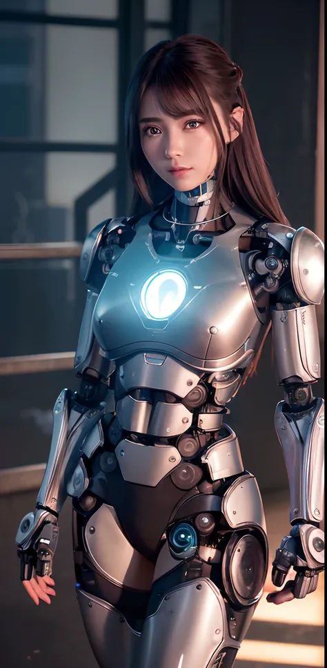 top-quality、​masterpiece、超A high resolution、(Photorealsitic:1.4)、((a beauty girl:1.6)), 1 full-body cyborg girl、sixteen years old、NOhumans、((The skin part is only the face)), Luminous Eyes、((Lots of split metal chest protectors)), Metal Robot、((The whole b...