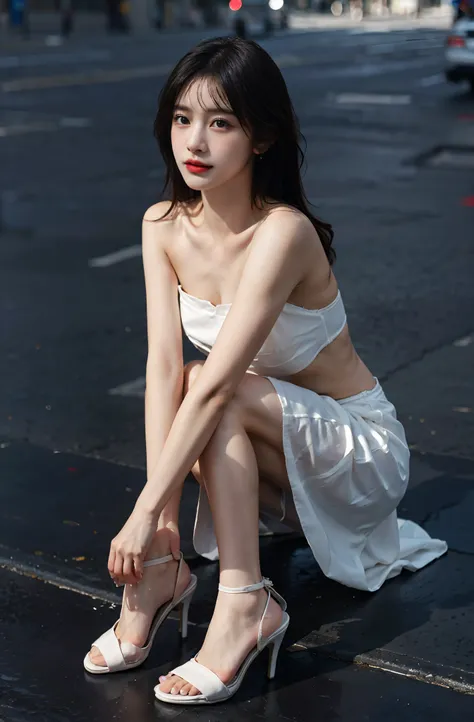 Ultra-detailed details，UHD resolution，1.4 times real，hyper HD，（Full body like）1girll，Delicate facial features，Nice face，Bandeau dress，Expose large，Wear black high heels，Show your toes，White，Sense of light and shadow，Its raining on the streets of France