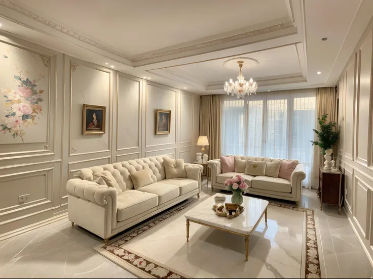 The luxurious decoration in the living room is like a time machine that transports you back to the extravagant court of the 18th century. The space is adorned with intricately carved marble sculptures and giant tapestries. The classical paintings on the wa...