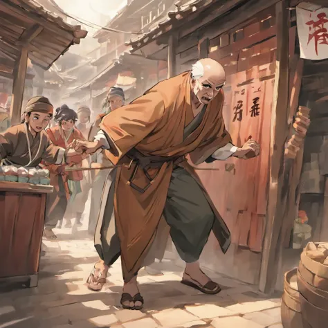 People: Bandit Leader (Ma Zhanshan), Grandfather, Bandits, Medicine Vendor (Mr. Medicine Stall), Subordinate Bandit (Song San)
Scene: Crossroads
Movement: Close-ups, quick cuts
Image: As Ma Zhanshan, my grandfather, and several other bandits approach the M...