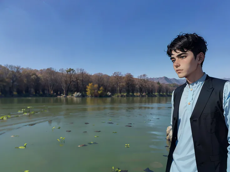 A young handsome man standing in front of a lake wearing a afghan traditional cloth, river in front of him, river near dry forest, standing next to water, river in the background, mid shot portrait