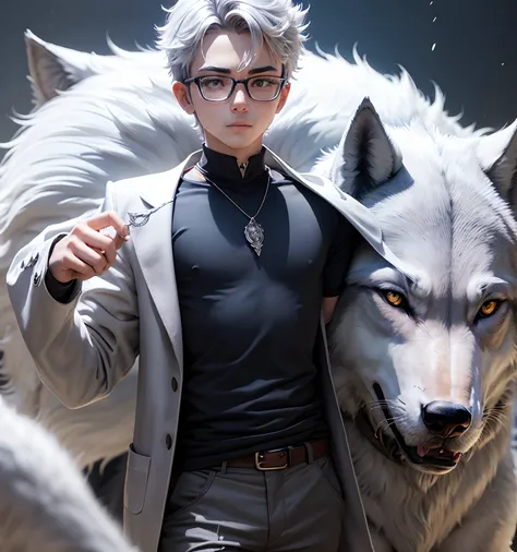 Boy with glasses accompanied by the spirit of a silver wolf, olhos dourados de fera, presas caninas, lua grande ao fundo