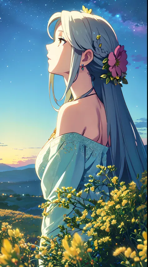 masterpiece, best quality, 1lady, solo, (really long hair), white hair, (flowers hair ornament), (looking up at the sky), necklace, earrings, night, Vast sky, beautiful skyline, fireflies, fantasy, off shoulder blue dress, medium bust, night scenery, (behi...