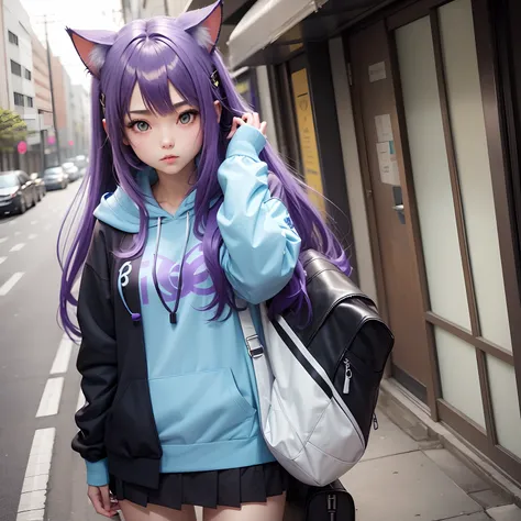 Long purple hair and cat ears、High School Girl、Light blue hoodie and black miniskirt、Standing picture、1人、Anime style