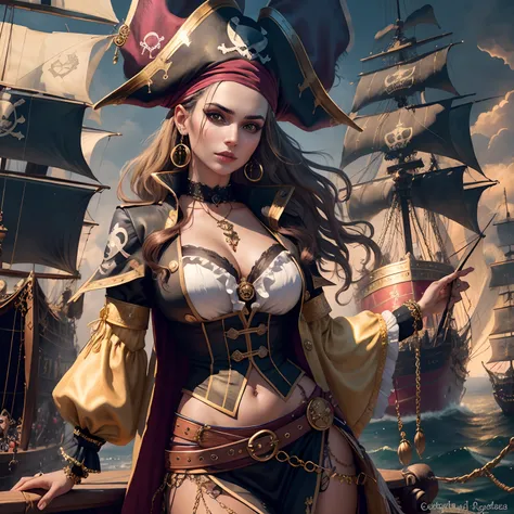 (pirate woman,beautiful,gold outfit,highest quality,intricate outfit,jewels),detailed eyes and face, long eyelashes, vibrant colors, dynamic pose, pirate ship background, dramatic lighting,hdr,ultra-fine painting,sharp focus,horror,portrait