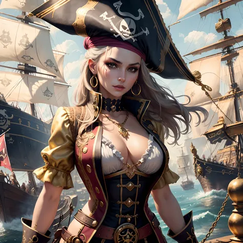 (pirate woman,beautiful,gold outfit,highest quality,intricate outfit,jewels),detailed eyes and face, long eyelashes, vibrant colors, dynamic pose, pirate ship background, dramatic lighting,hdr,ultra-fine painting,sharp focus,horror,portrait