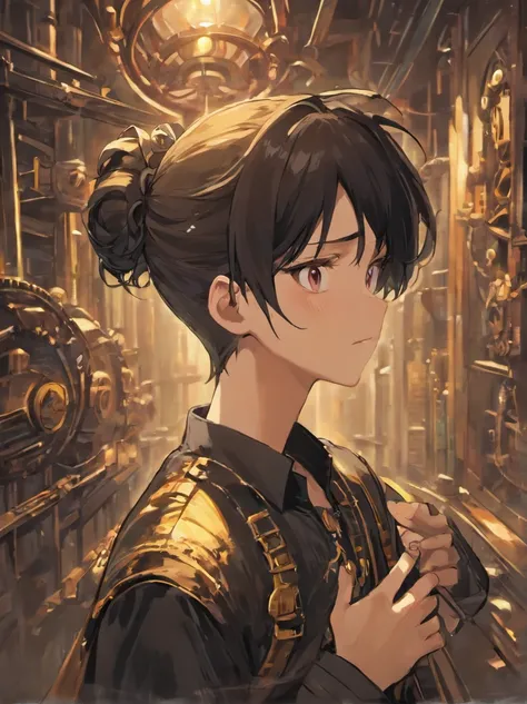 Masterpiece, best quality, 4k, 8k, absurdres (best illustration), steampunk background, 1boy, black hair, man bun, bored expression, half-body portrait, looking at viewer, ((sketch)), profile close-up