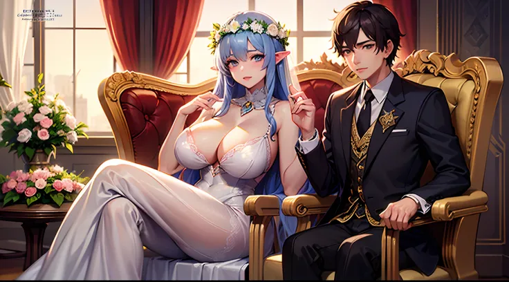 charming (human young teen royal boy king:1.25) groom, (1girl), elegant MILF elf women bride with (flower wreath on head) and huge boobs, (1boy), perfect face, detailed eyes, anatomical correct hands, five fingers, anatomical correct fingers and hands, per...