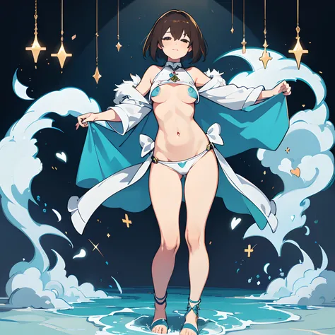 one-girl，undertale，frisk，Close your eyes，Charming，Evil laughter，sexy for，Nipple patches，X-rated，Get wet，brown pubic fur，Open chest and breasts，Open navel，pantyless，no-bra，stocklings，Full body standing painting，tempting pose，with short brown hair，the detail...