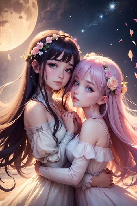 (best quality,4k,8k,highres,masterpiece:1.2),anime,romantic,lovers,beautiful detailed eyes,beautiful detailed lips,longeyelashes,colorful hair,fantasy background,soft lighting,vibrant colors,manga-style,emotion-filled,heartwarming,expressive faces,sparklin...