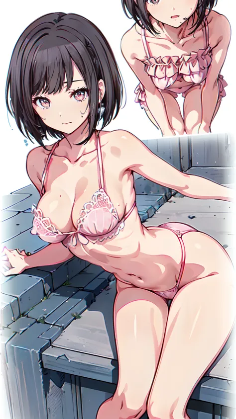 (Wearing a pale pink bikini with lace　Leaning forward　Gravure Pose　on the beds　ighly detailed　clear outlines　Beautiful face　Beautiful skin) thin-waist　A slender　ribbed　skinny limbs　teats　cleavage of the breast　Beautiful breasts　a short bob　Beautiful finger...