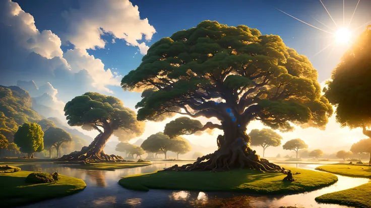 Masterpiece, best quality, high quality, highly detailed CG unity 8k wallpaper, surreal giant cyan rain tree in a futuristic prehistoric village, splashing water, sandy debris, lens flare, sun axis, fluffy clouds, ultra detailed, HDR, bloom, photorealistic...