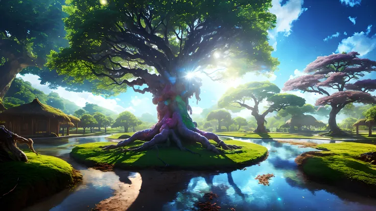 Masterpiece, best quality, high quality, highly detailed CG unity 8k wallpaper, surreal giant cyan rain tree in a futuristic prehistoric village, splashing water, sandy debris, lens flare, sun axis, fluffy clouds, ultra detailed, HDR, bloom, photorealistic...