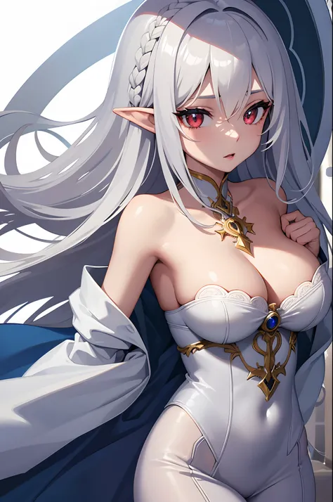 1girl, anime, cute girl, elf, blank background, white background, fantasy, detailed dark fantasy dress with highlights, beautiful face, beautiful eyes, dark colors, medium breasts, slight cleavage, beautiful skin, cute, silver hair, red eyes, breast curtai...