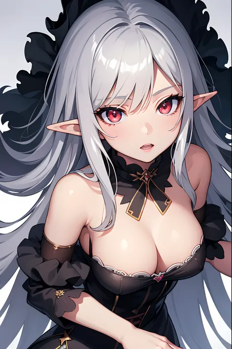 1girl, anime, cute girl, elf, blank background, white background, fantasy, detailed dark fantasy dress with highlights, beautiful face, beautiful eyes, dark colors, medium breasts, slight cleavage, beautiful skin, cute, silver hair, red eyes, breast curtai...