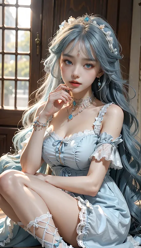 meticulous portrayal of face，1 noblewoman，(Lace orange Lolita maxi dress)，(Long flowing light blue hair)，Exquisite jewelry all over the body，Collar，Anklets，head chain，Lace-trimmed socks，(Lolita shoes)， s the perfect face， perfect hand， Perfect Finger， Perf...