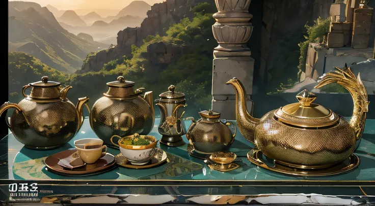 6 macho men，Top image quality，8K,conference site，In the canyon ancient temple，Look at the desktop all，Six male immortals，Black gold python robe crane relief，Gourd tea set，Six dishes and one soup，A masterpiece of telephoto photography，Realisticstyle，hyper p...