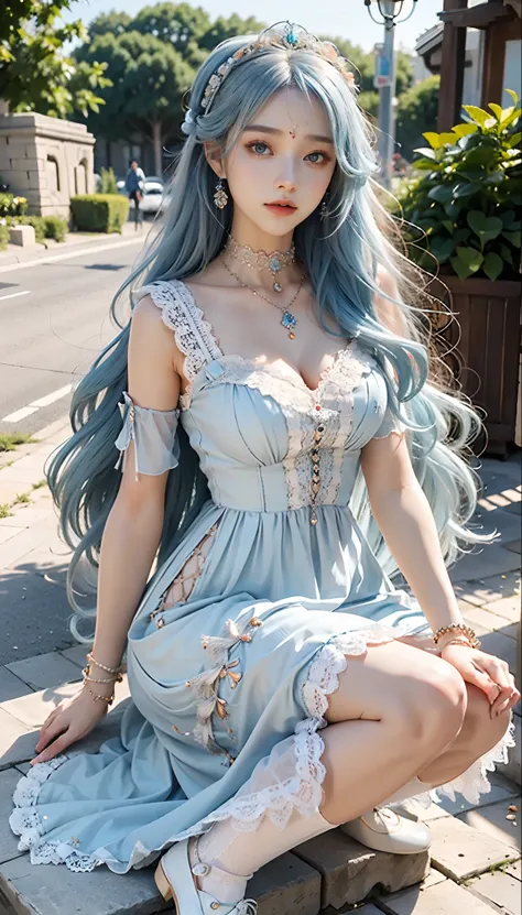 meticulous portrayal of face，1 noblewoman，(Lace orange Lolita maxi dress)，(Long flowing light blue hair)，Exquisite jewelry all over the body，Collar，Anklets，head chain，Lace-trimmed socks，(Lolita shoes)， s the perfect face， perfect hand， Perfect Finger， Perf...