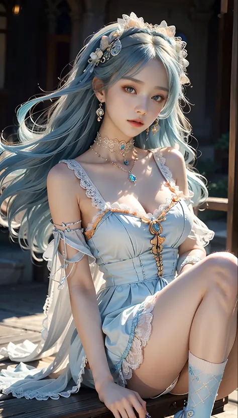 meticulous portrayal of face，1 noblewoman，(Lace orange Lolita maxi dress)，(Long flowing light blue hair)，Exquisite jewelry all over the body，Collar，Anklets，head chain，Lace-trimmed socks，(Lolita shoes)， s the perfect face， perfect hand， Perfect Finger， Perf...