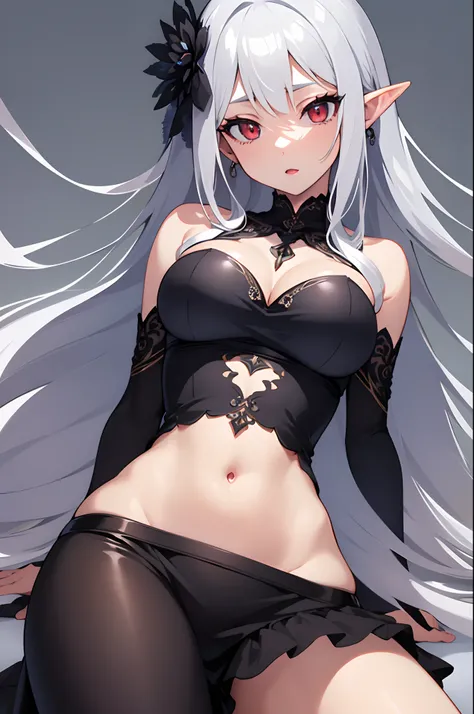 1girl, anime, cute girl, elf, blank background, white background, fantasy, detailed dark fantasy dress with highlights, beautiful face, beautiful eyes, dark colors, medium breasts, slight cleavage, beautiful skin, cute, silver hair, red eyes, breast curtai...