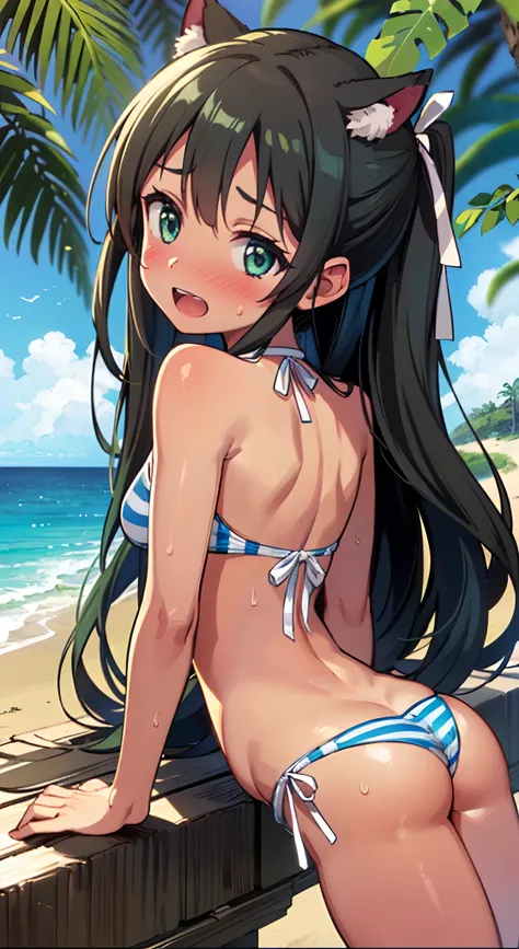 (Perfect body),Best Quality,(8K Portrait),(Official art)、(NSFW)、(((Lori)))、(((Brown skin)))、embarrassed from、1girl in,:D、showing teeth、(((thick thighs)))、(((blush))),(Sweat),((((Small udder))))、(((big butts)))、(Black head hair),((((Twin-tailed)))),Long hai...