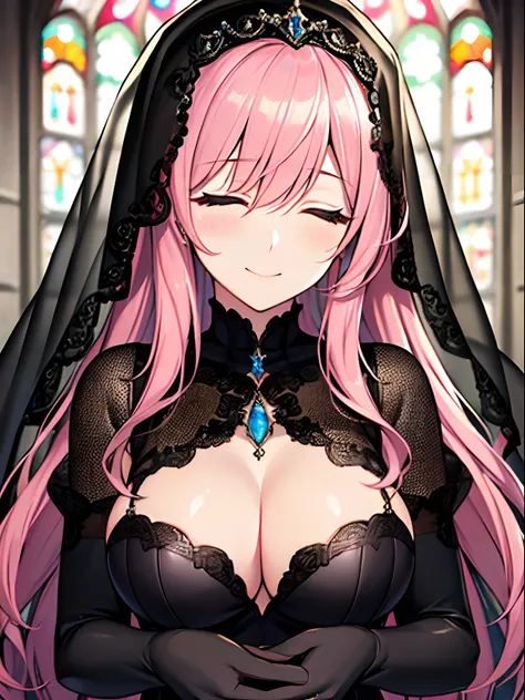 Highly detailed and realistic CG, Colorful, Masterpiece, Best Quality, magnificent, jewel-like eyes, 1girl, solo, pink hair, long hair, black wedding dress, black wedding veil, black elbow gloves, closed eyes smile, church, marriage, from pov, midium breas...