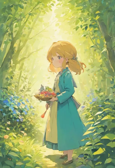 Illustration of a picture book in the style of Beatrix Potter, Shows a girl in the garden. The illustrations are attractive and exquisite, Soft colors and details.