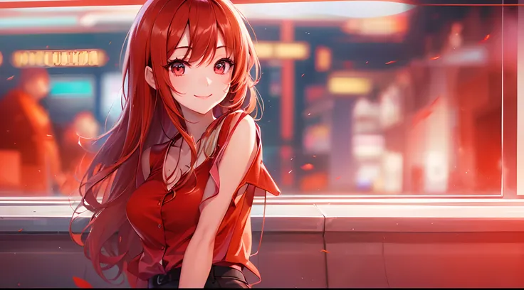 1girl, model girl, looking at the viewer, smiling face, pretty, crimson straight hair, long hair, perfect face, perfect body structure, wearing red blouse, fiery background, cool anime, seductive anime art, highly detailed, 4k, digital art