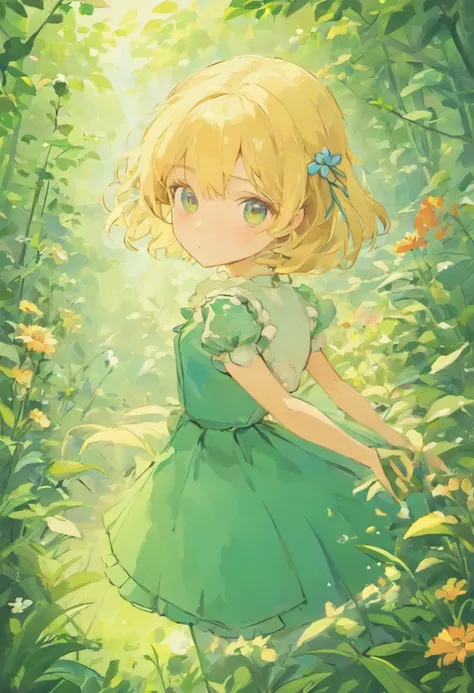 Illustration of a picture book in the style of Beatrix Potter, Shows a girl in the garden.Girl Blonde Hair,Girls wear only green dresses, The illustrations are attractive and exquisite, Soft colors and details.