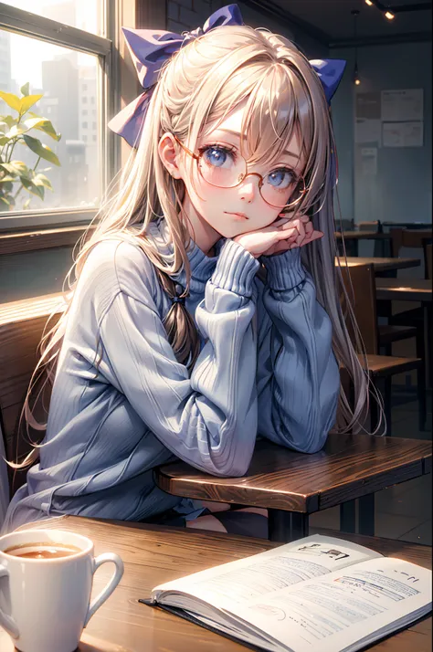 masutepiece, Best Quality, 1girl in, Solo, Long hair, put on glasses，window, Sitting, Indoors, The table, sleeves past wrists, cafes, Hair Bow, head rest, Closed mouth, Blue sweater, Upper body