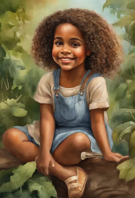 3D A little girl is Bailey Morena Aescula, (((Solo))), telegraph stickers, Sitting in a tree in the park,  Create soft, Womens long skirt, (((Portrait realism))), (african american girl) (((Brown hair))), (((Close up details facial emotions: 1.15))), (((Gi...