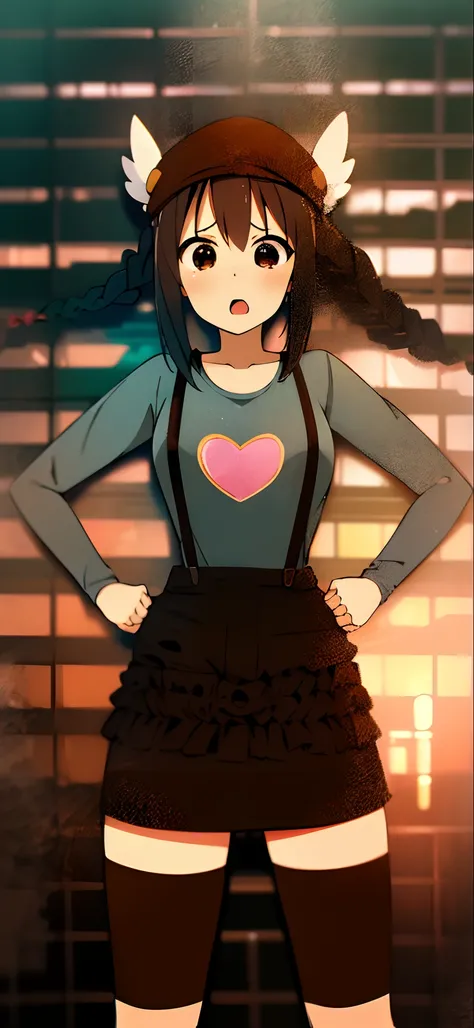 1girl, (((​masterpiece))), top-quality, top-quality, High Details, nakano azusa, 1girl, Twin-tailed, length hair, A dark-haired, brown-eyed, Gray T-shirt.suspenders.a black skirt.illustratio, comic strip, soothing tones, Subdued Color, Soft cinematic light...