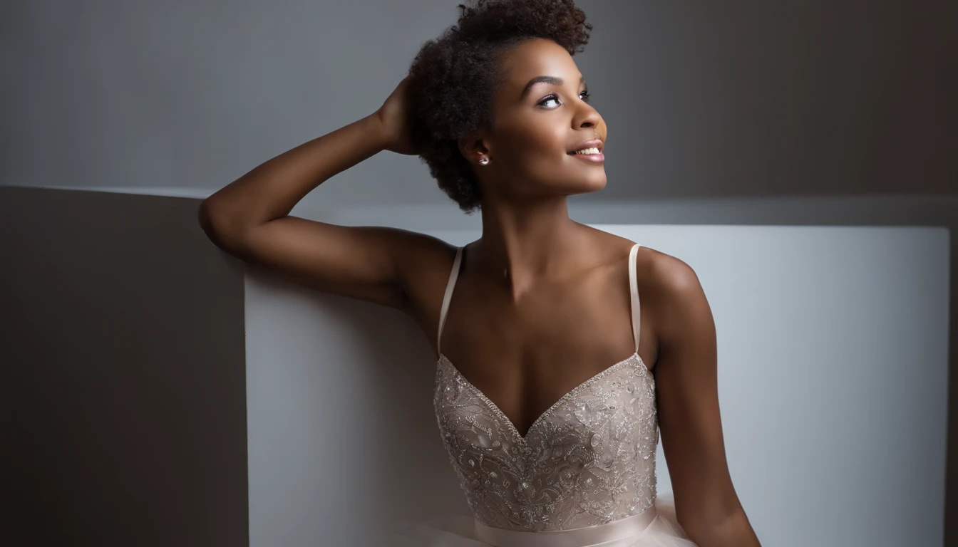 Fashion model photography, ballet dress, strong sense of design, medium shot, South African girl, short hair, hair accessories, delicate skin, smile, simple background, high texture, glare backlight, professional studio lighting