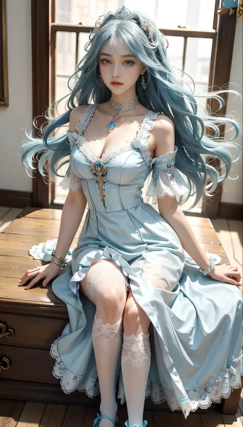 meticulous portrayal of face，1 noblewoman，(Lace orange Lolita maxi dress)，(Long flowing light blue hair)，Exquisite jewelry all over the body，Collar，Anklets，head chain，Lace-trimmed socks，(Lolita shoes)， s the perfect face， perfect hand， Perfect Finger， Perf...