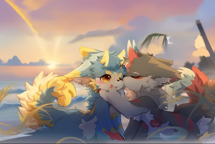 Two anime characters hugging each other on the beach, very very beautiful furry art, fursona art, Furry art!!!, kissing together cutely, WLOP and Sakimichan, ((Sunset)), High-quality fanart, jazza and rossdraws, Furry art, furry fantasy art, offcial art, G...